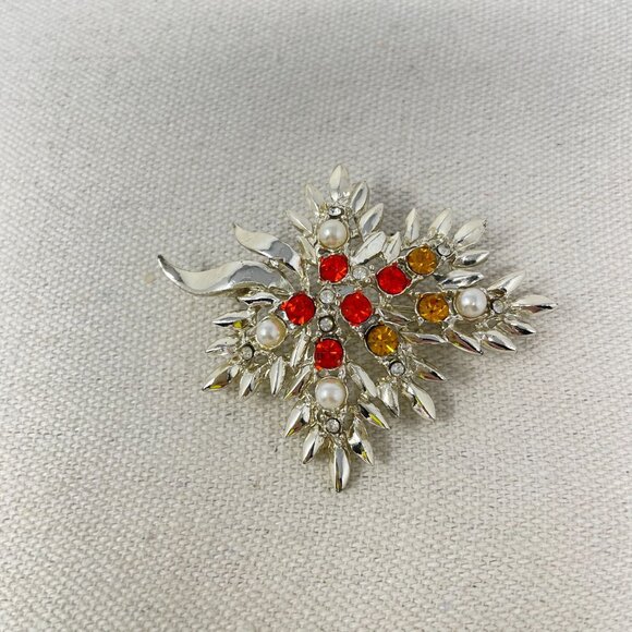 Vintage Dodds Cluster Brooch Autumn Leaves Rhinestone Silver-Tone Classic - Picture 1 of 8